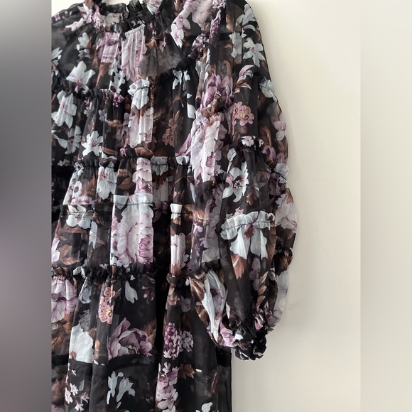 Beulah Style Sheer Floral Purple Tiered Ruffled Trim Long Dress (Sz Large) - Picture 5 of 14